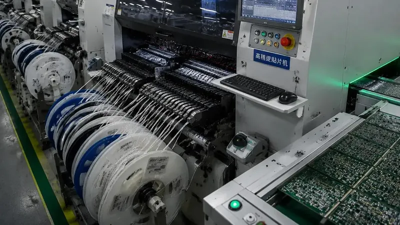 Automated surface mount production line with placement machine, feeders and printed circuit boards on the conveyor