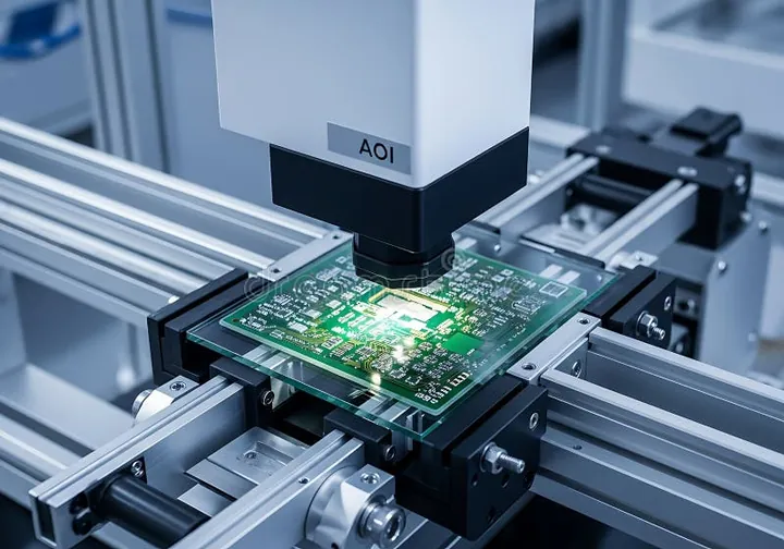 Automated optical inspection station examining a printed circuit board